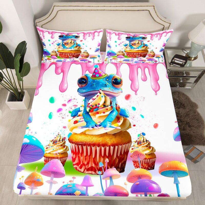 Cup Cake Fitted Sheet,Blue Frog Rainbow Mushroom Jungle Animals Bed Sheet 3 Pieces Fits Mattress,3D Cream Print Girls Boys Decorative Fabric Bedding All-Round Elastic Pocket