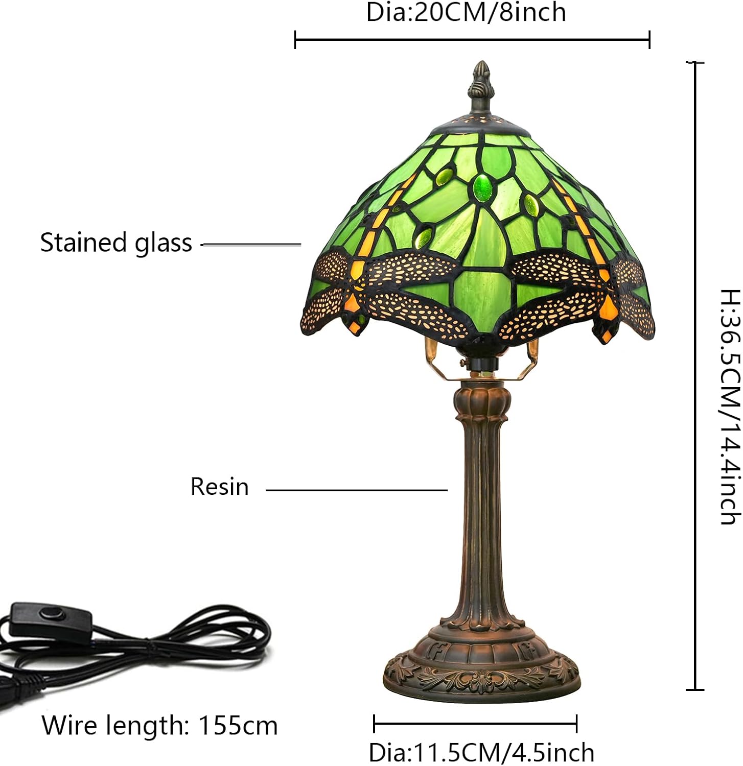 71kSDHIOQiL._AC_SL1500_.jpg Tiffany Lamp Green Dragonfly Stained Glass Table Lamp 8X8X14 Inches Green Dragonfly Style Desk Reading Light Decor Beside Bedroom Living Room Home (H1057-Green Dragonfly) - Image 2