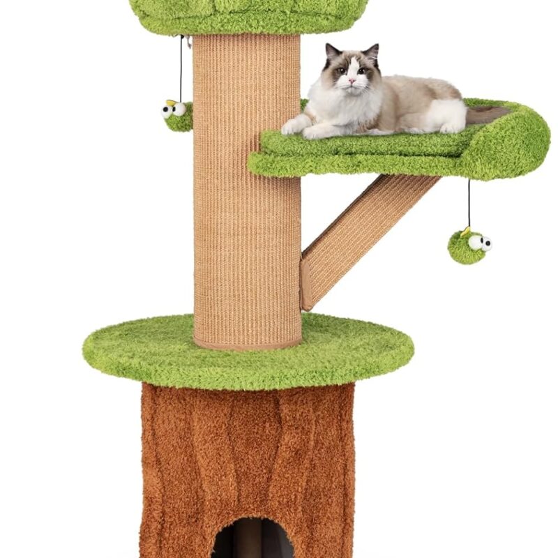 PETSITE 58 Inch Mushroom Cat Tree, Multi-Level Cat Tower with 2 Cute Condos, Plush Perch, Teasing Balls, Sisal Posts, Hidden Cave, and Removable Cushions, Modern Cute Cat Tree for Indoor Cats