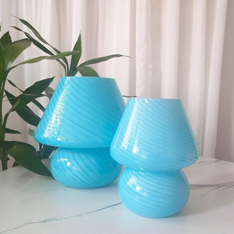 Swirl Mushroom Lamp, Translucent Glass Table Bedside Lamps Italian Style Modern Striped Desk Light for Baby Home Decoration of Dining, Living, Study (Striped Blue, Mini Dia5.1*H7.1 Inches)