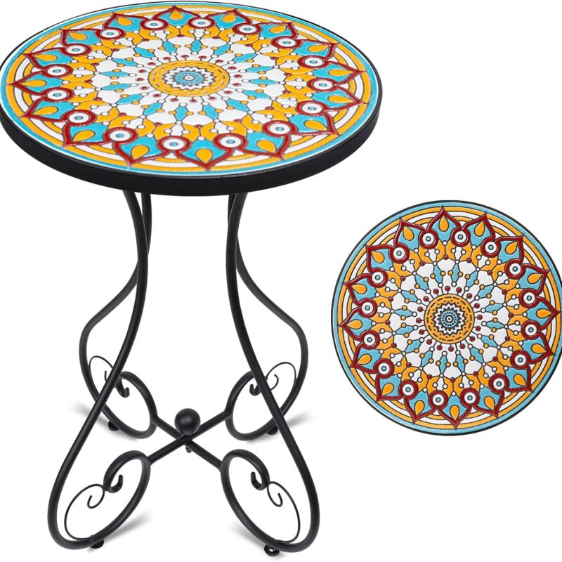VCUTEKA Mosaic Outdoor Side Table, Round Rustproof Patio Table with 14" Ceramic Tile Top, Indoor Porch Accent Table for Yard, Garden, Living Room, Bistro Balcony