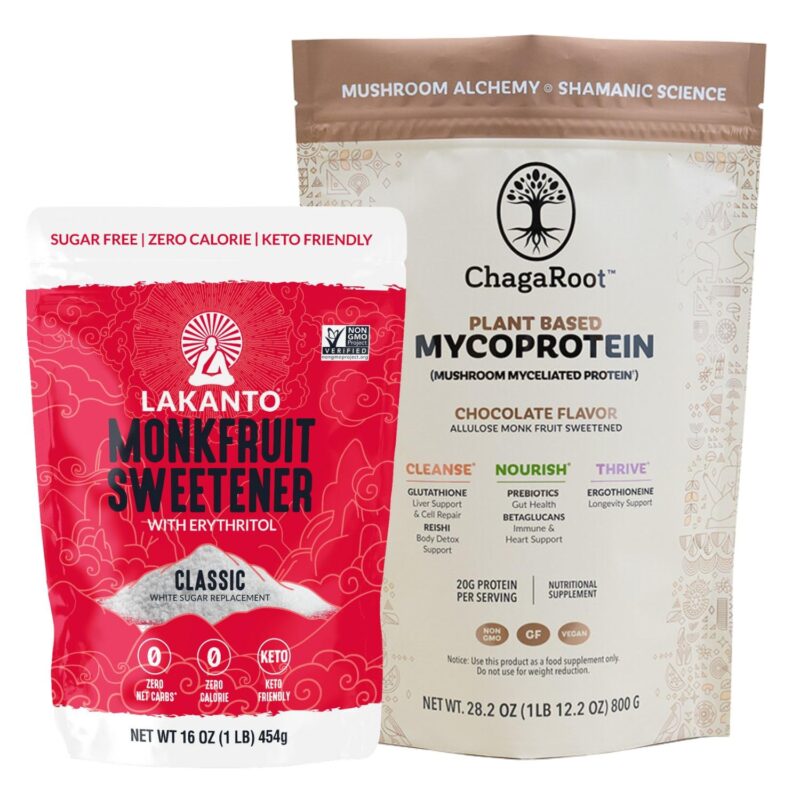 Lakanto Classic Monk Fruit Sweetener with Erythritol 1 lb and ChagaRoot MycoProtein Mushroom Protein Powder Chocolate 1.76 lb