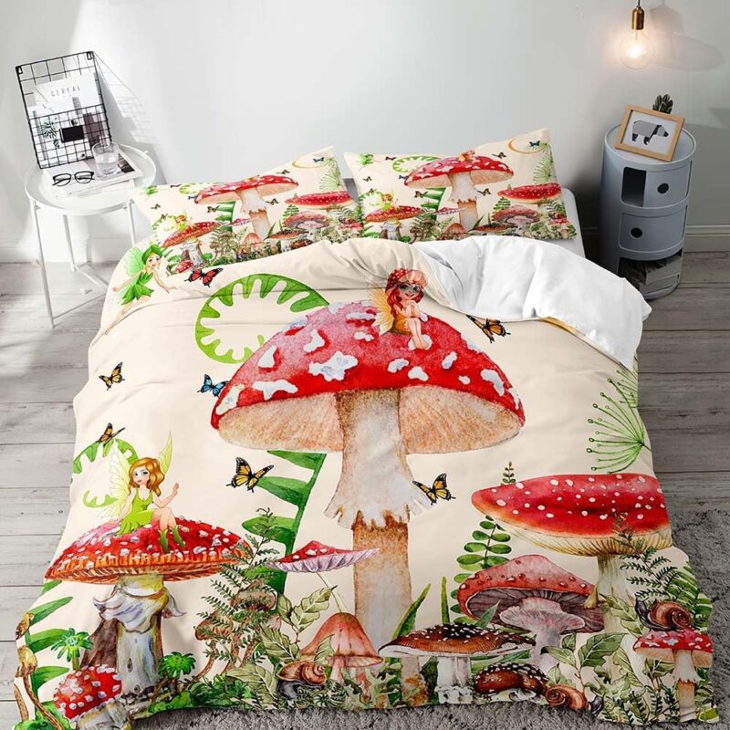 LUVIVIHOME 3PCS Red Mushroom Duvet Cover King Bedding Set, Girls Boys Kids Bedding, Aesthetic Cottagecore Fairy Butterfly Snail Green Plant Botanical Fungus Beige Comforter Quilt Cover, 2 Pillow Shams