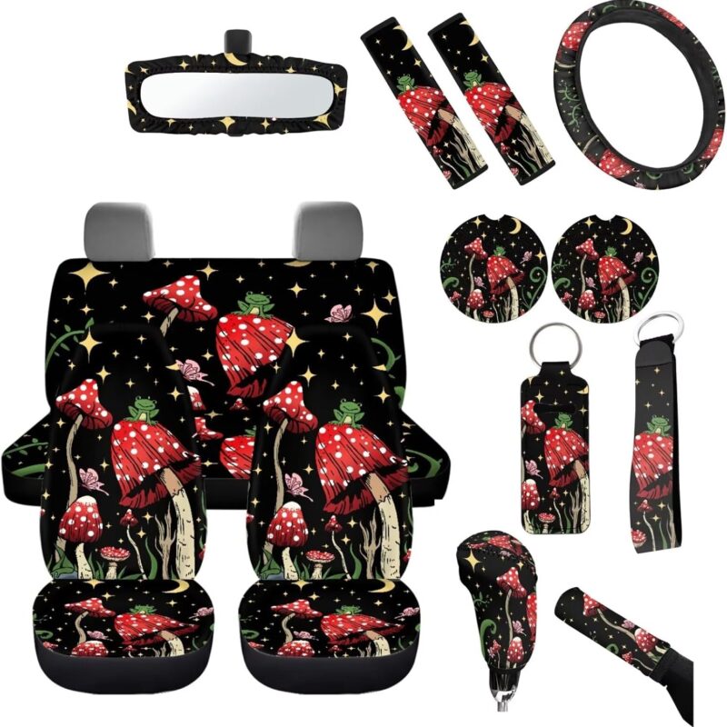 Set of 14 Cute Mushrooms Frog Car Seat Covers Full Set Forest Mushroom Car Seat Covers+Mushroom Steering Wheel+ Coasters+Keychain Mirror Cover+Auto Interior Accessory Protector