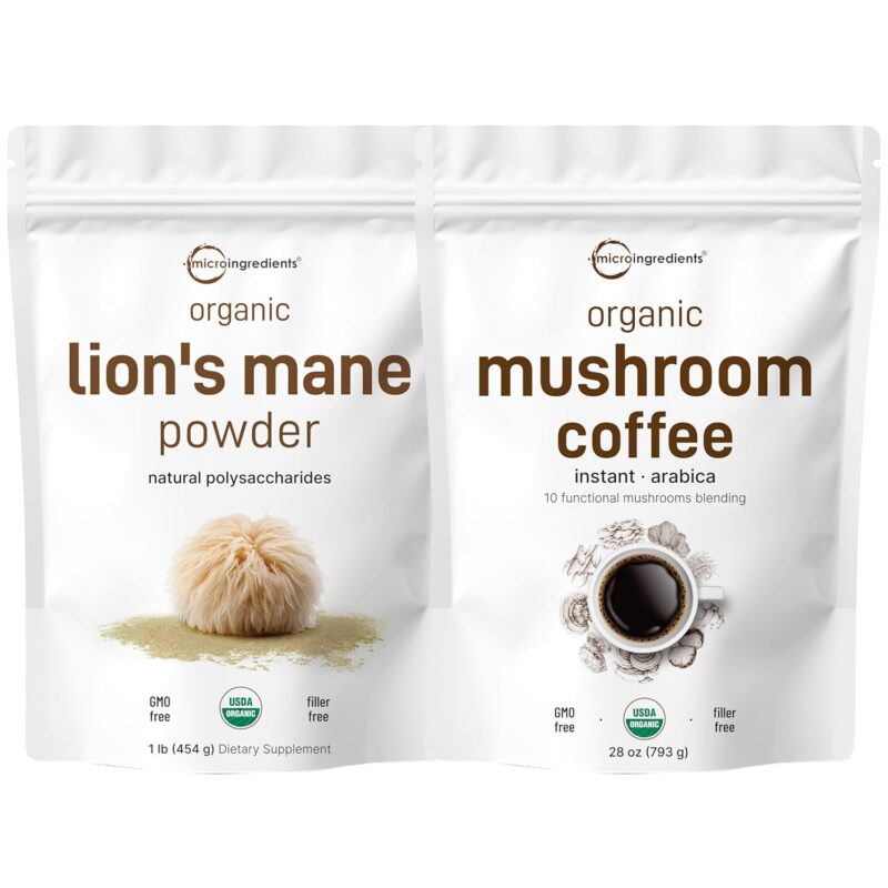 Micro Ingredients Instant 10 in 1 Mushroom Coffee Powder & Lions Mane Mushroom Supplement Powder Bundle 2 Pack | Premium Arabica Coffee | Natural Superfood for Brain, Energy, & Immune Health