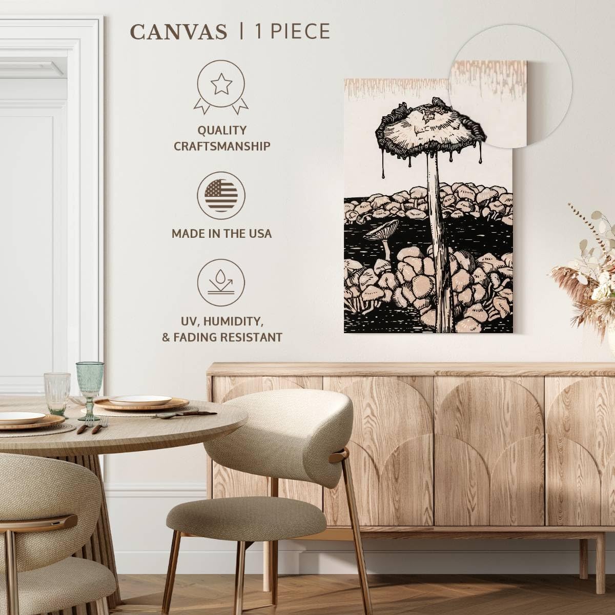 71lq4hzaNTL._AC_SL1200_.jpg Elephant Stock - Dripping Mushroom Wall Art - Vertical Canvas Wall Art - Dining Room Wall Decor - Printmaking Mushroom Canvas Art - Beige And Black Decor by Julie de Graag - 16" x 24" - Image 5