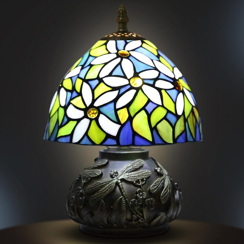 8 Inch White Flower Tiffany Lamp, Small Stained Glass Lamp, 3 Color Temperatures Dimmable E26 LED, Mushroom Style Decorate Bedside, Bedroom