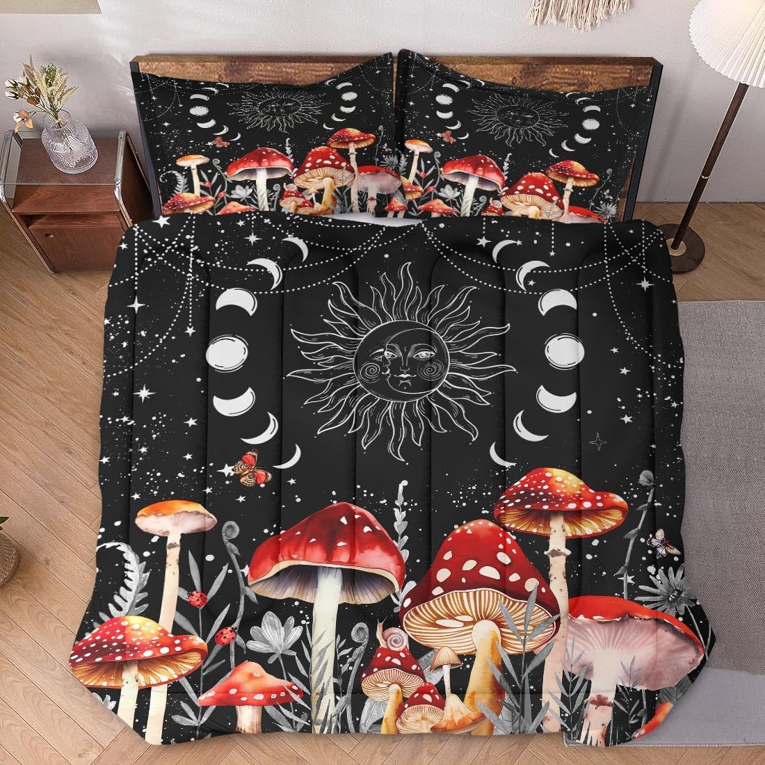 71mUd5FaxGL._AC_SL1100_.jpg Full Size Comforter Set with 2 Pillowcases, Sun Moon Boho Mushroom 3 Pcs Bedding for Kids and Adults, Astrology Tarot Witch Soft Comforter Set for Bedroom Bed Decor - Image 2