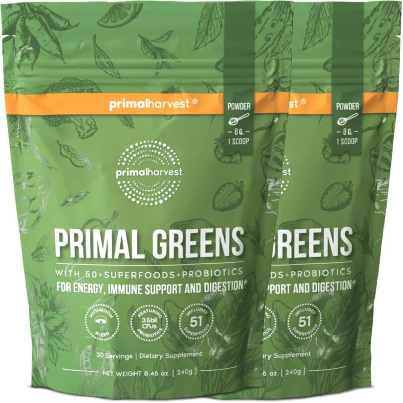 2 Pack, Super Greens Powder, 30 Servings w/+50 Greens Superfood Chlorella, Probiotics, Green Tea, Wheatgrass, Kale, Turmeric, Green Superfood Powder for Energy - Primal Greens