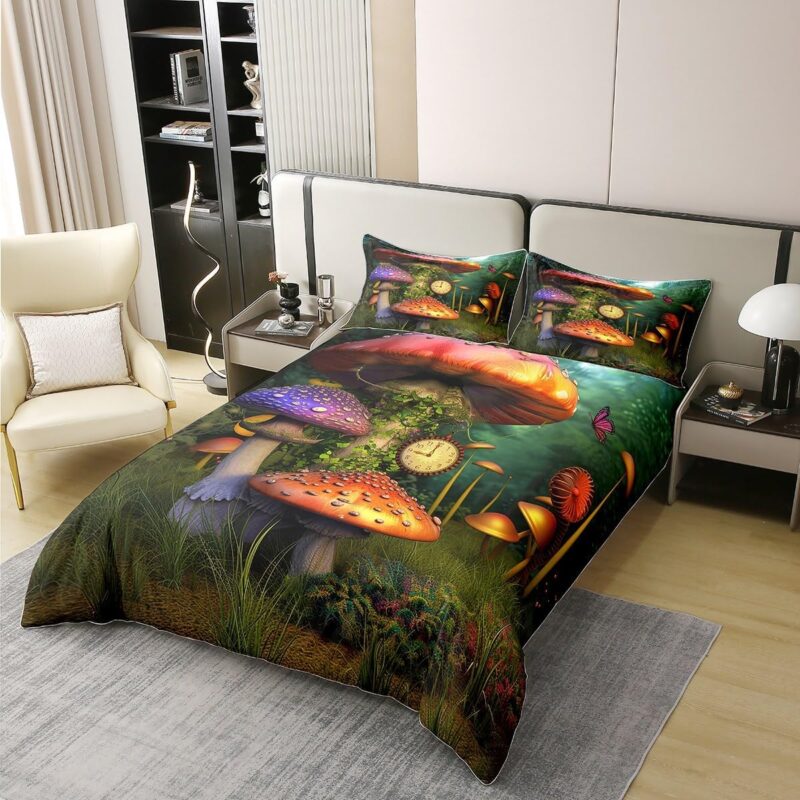 Erosebridal 100% Organic Cotton Mushroom Bedding Set Kids Fairy Comforter Cover Magical Lilliputian Cartoon Fungus Plant Duvet Cover Anime World Clock Fantasy Garden Green Bedclothes Twin Size