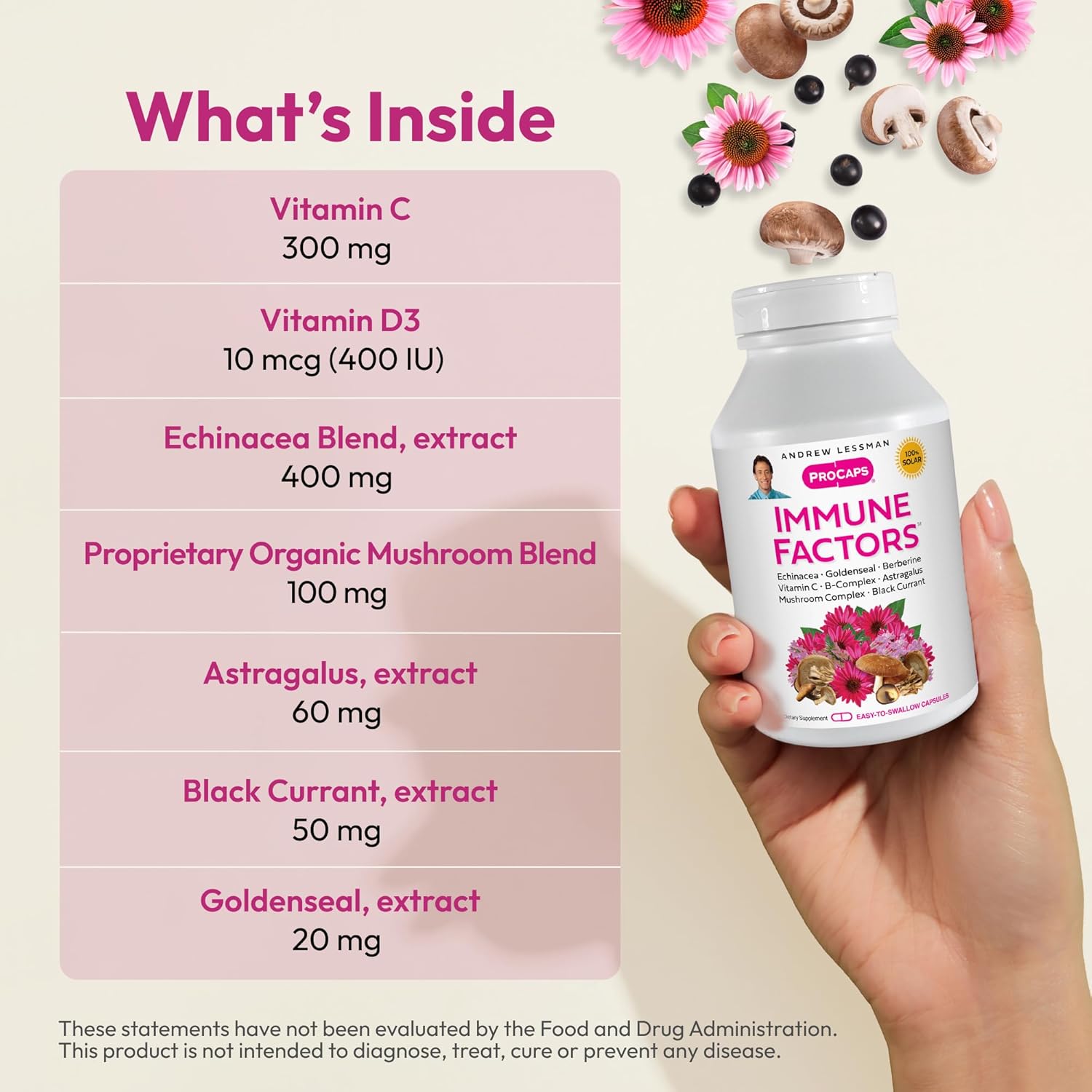 71nzVAC3YJL._AC_SL1500_.jpg ANDREW LESSMAN Immune Factors 360 Capsules – Echinacea, Goldenseal, Vitamin C, Astragalus, Berberine, Mushroom Blend, Black Currant. Supports and Promotes Immune System and Natural Defenses - Image 3