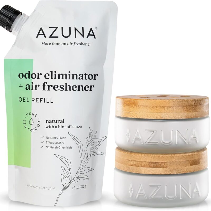 Azuna Air Freshener & Odor Eliminator for Strong Odor | 2 Room Kit Includes (2) 8 oz. Empty Luxe Glass Jars & 12 oz | Refill with Tea Tree Essential Oil Gel | Natural Scent | Last 60-90 Days