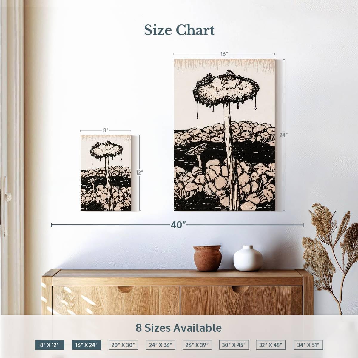 71oTFyL4krL._AC_SL1200_.jpg Elephant Stock - Dripping Mushroom Wall Art - Vertical Canvas Wall Art - Dining Room Wall Decor - Printmaking Mushroom Canvas Art - Beige And Black Decor by Julie de Graag - 16" x 24" - Image 4
