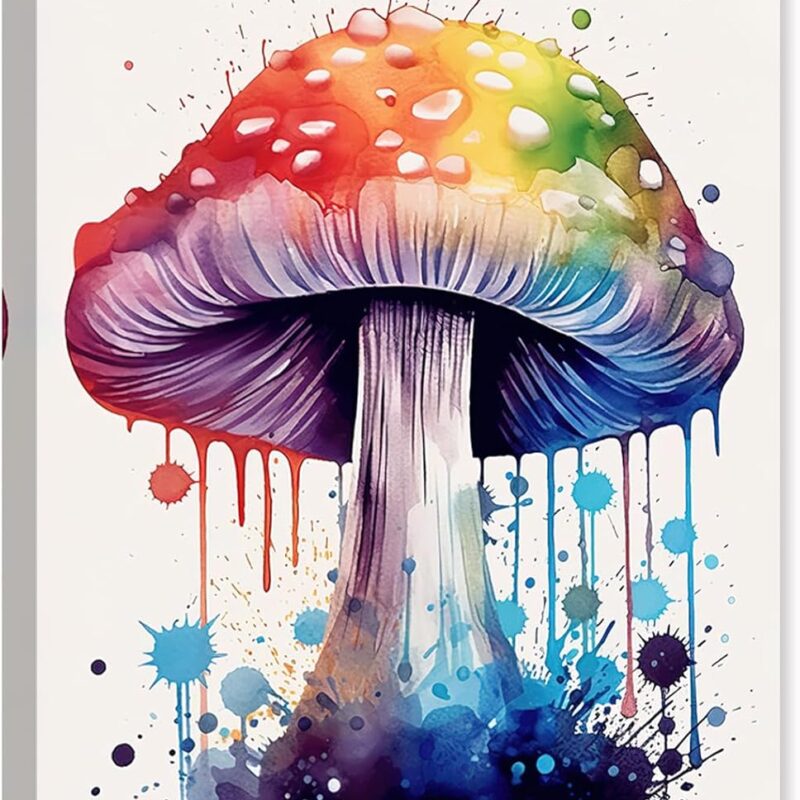 ARTZGX Mushroom Wall Art Psychedelic Mushrooms Canvas Watercolour Plant Picture Magic Graffiti Mushrooms Painting Decor Frame(Mushrooms - C 24.00" x 36.00")