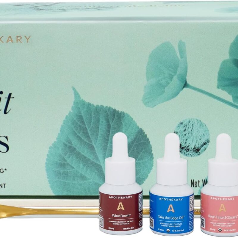 Apothékary Free Spirit Minis Set | New Edition, Herbal Tinctures, Includes Wine Down, Rosé-Tinted Glasses, Take The Edge Off & 1 Gold Spoon, Sugar Free, 3 Bottles,15 Servings per Bottle