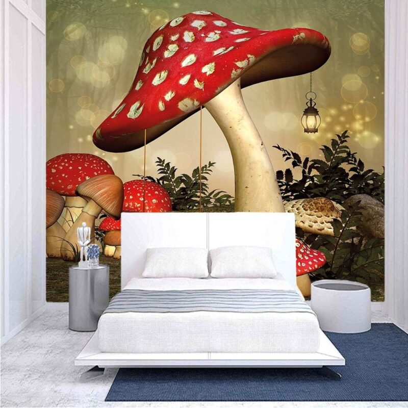 100x100 inches Wall Mural,Swing Hanging From Mushroom Wild Grass and Plants Dreamlike Atmosphere Decorative Peel and Stick Self-Adhesive Wallpaper Removable Large Wall Sticker Wall Decor for Home Offi