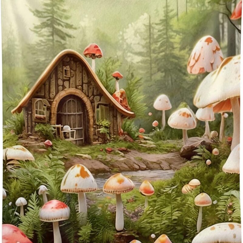 House Mushrooms Sherpa Fleece Throw Blanket for Couch - Forest Plants Mushroom HouseThick and Warm Blankets All Seasons Suitable, Soft Plush Throws Gift for Women, 80"x 70"