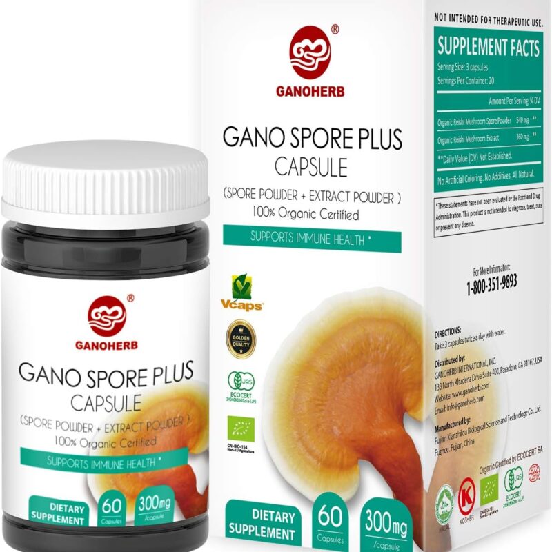 Organic Reishi Mushroom Spore Plus Capsules with 100% Ganoderma Lucidum Spore Powder+ Extract, Vegan, All Natural, Non-GMO & Gluten Free, 60 Veggie Capsules