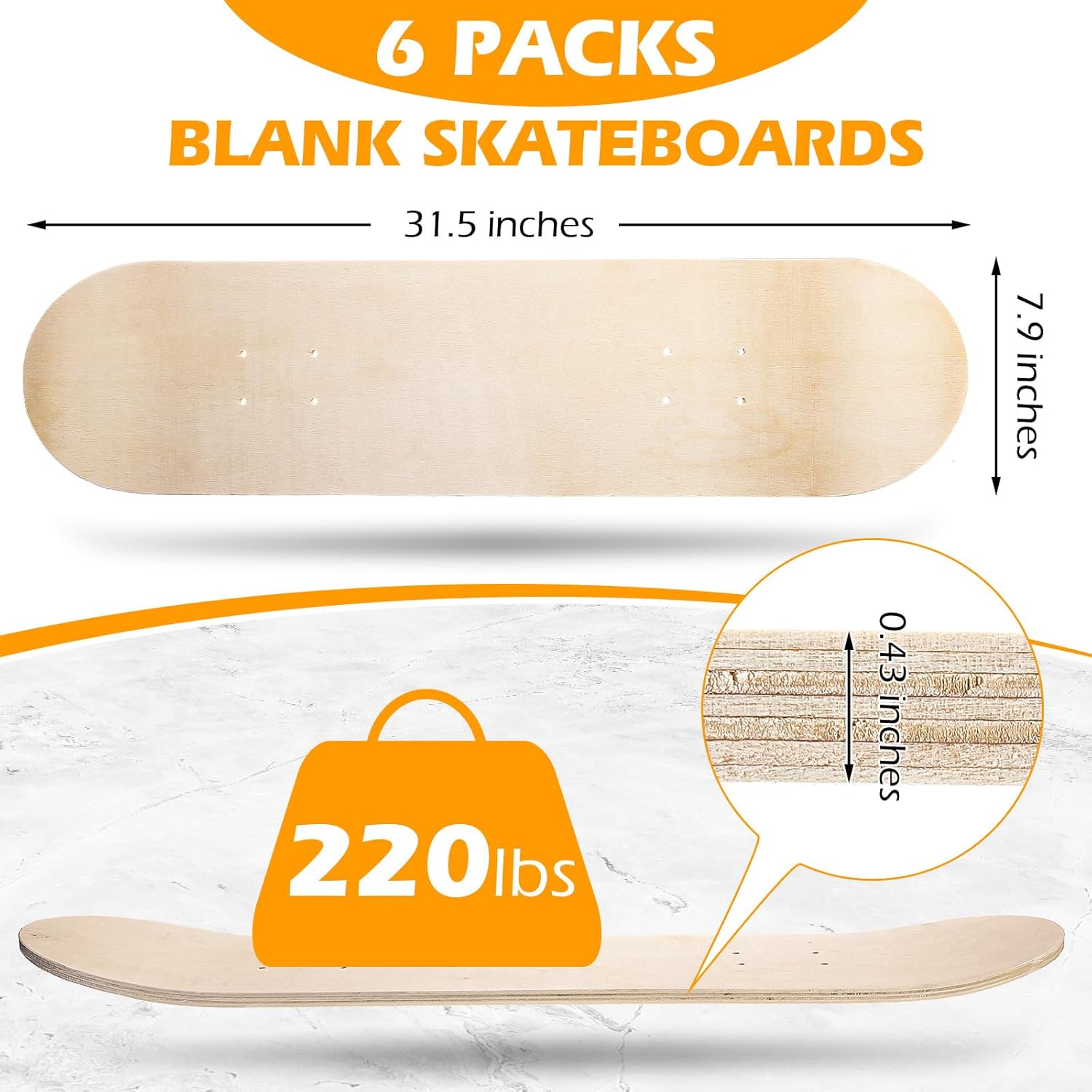 71r8a32yHSL._AC_SL1500_.jpg Honoson Blank Skateboard Decks Maple Skateboard Deck 7 Ply Wooden Skate Decks Natural Wood Double Tail Plain Concave Light Deck Bulk for Art Painting Home Decoration - Image 2