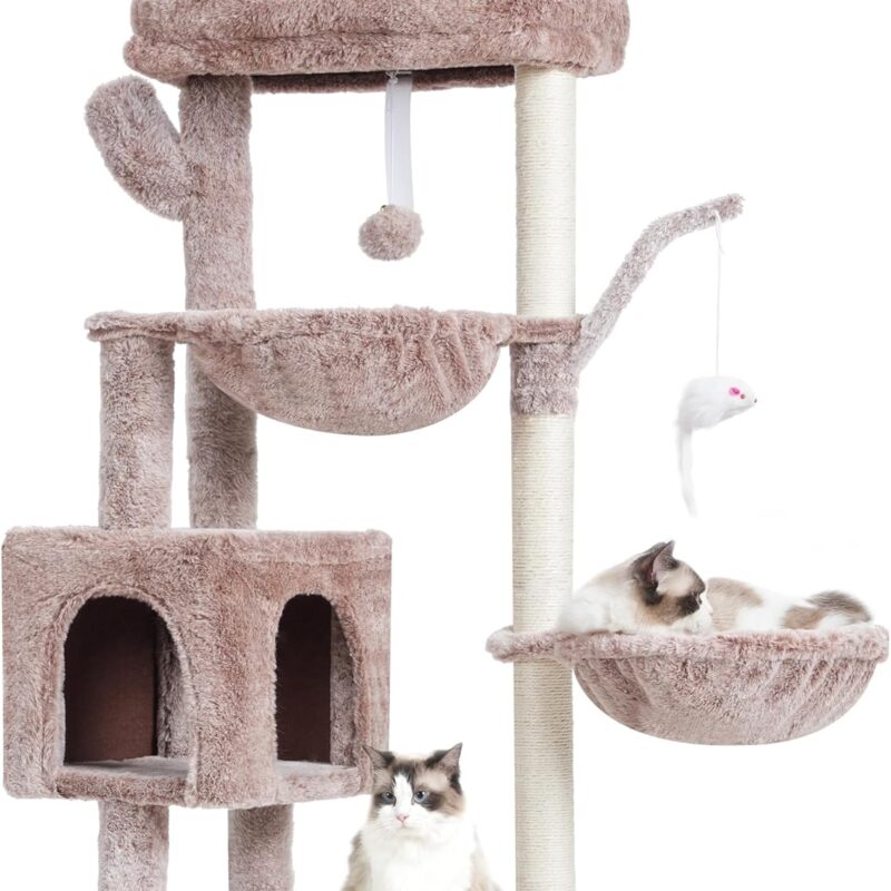 Heybly Cat Tree, 39.4 Inches Tower Condo with Scratching Post, Cat Tower for Indoor Cats, Fully Wrapped Sisal Pole, Soft Platform, 2 Baskets and Dangling Toy, Muchroom HCT006SMU
