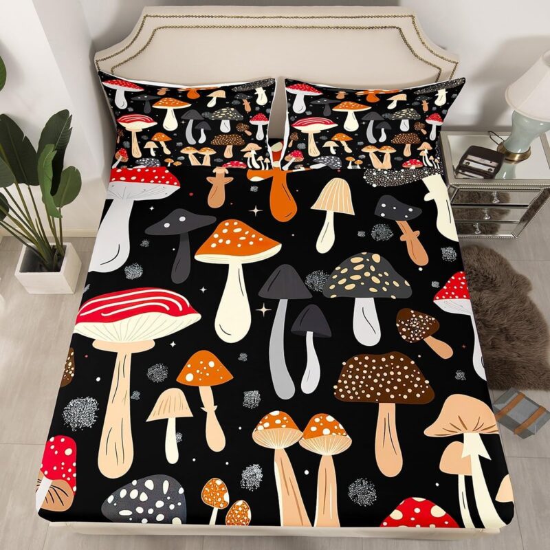 jejeloiu Boys Girls Cute Mushroom Decor Bed Sheet Set Queen Size, Cartoon Mushrooms Bedding Set Kawaii Fungus Fitted Sheet Kids Teens Bedroom Decor with 2 Pillow Case (No Flat Sheet)