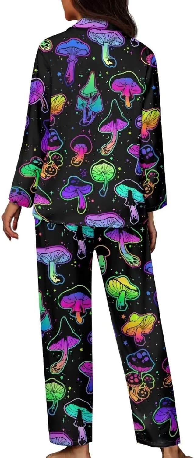 71ruzu4o2xL._AC_SL1500_.jpg Colorful Mushroom Women Button Front Sleepwear 2 Piece Plus Size Long Sleeve Pajamas Casual Stretchy Funny Loungewear with Pockets - Image 2