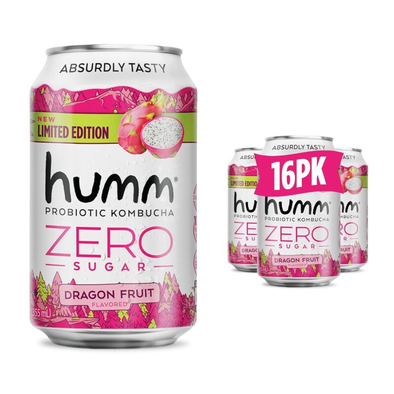 Humm Probiotic Kombucha Zero Sugar Dragon Fruit, No Refrigeration Needed, Keto Friendly, Organic, Vegan, Gluten Free, 12oz Cans (16 Pack)