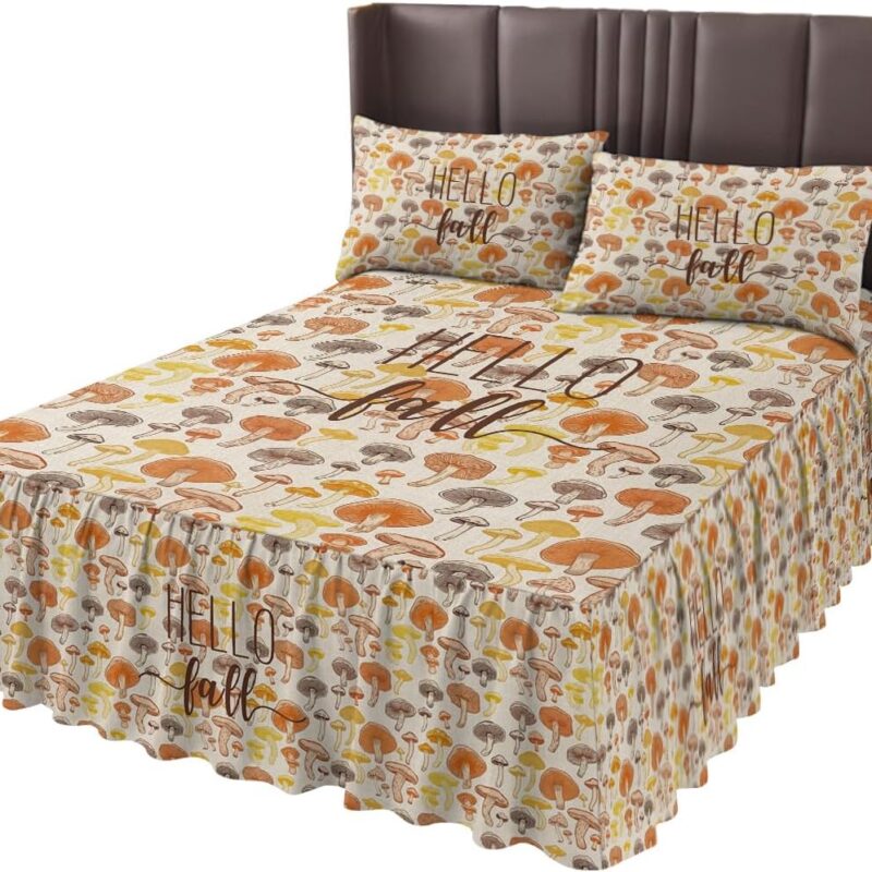 Twin XL Bed Skirts Ruffled 2 Piece Set with Pillow Shams, Hello Fall Thanksgiving Orange Yellow Mushroom Luxury Ruffle Skirt Bedspread Classic Sheet with Pillowcases Bedding Sets