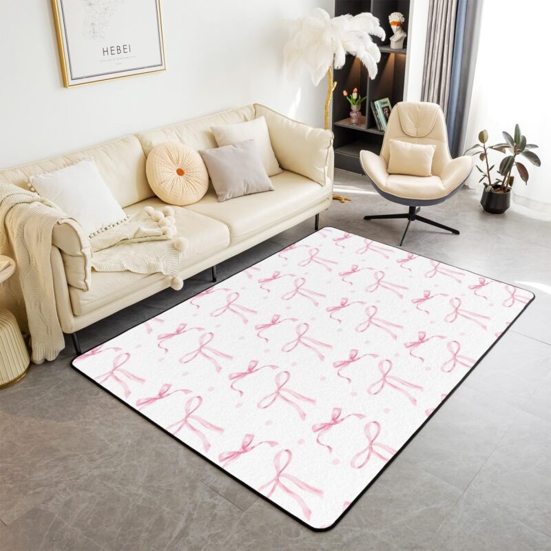 Erosebridal Girls Pink Bowknot Area Rug 4'11" x 3'3", Bow Tie Non Shedding Living Room Rugs for Kids Lady, Kawaii Princess Decorative Carpet, Pink Polka Dot Washable Indoor Floor Mat