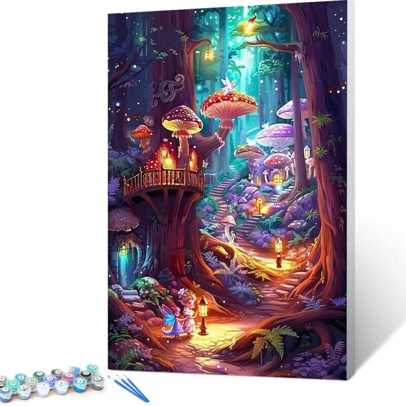 Paint by Number Kits for Adults Beginners, Easy Acrylic Simple Forest Adult Paint by Number Kits, DIY Watercolor Mushrooms Paint by Numbers Kits on Canvas for Home Wall Decor 20x26In (Include Framed)