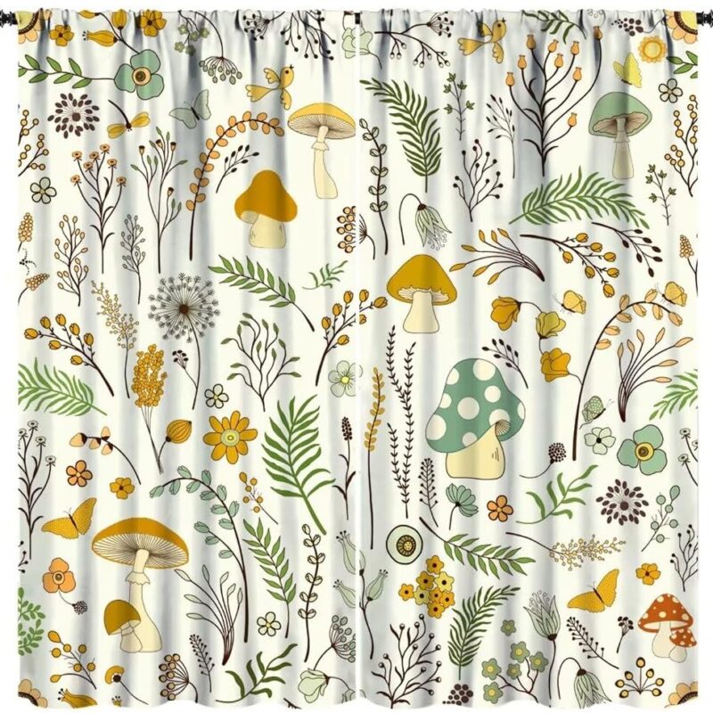 Wild Mushroom Curtains, Vintage Botanical Rustic Retro Wildflower Herbs Plants Green Mushroom Blackout Window Treatments for Living Room Kitchen Bedroom 52x84in