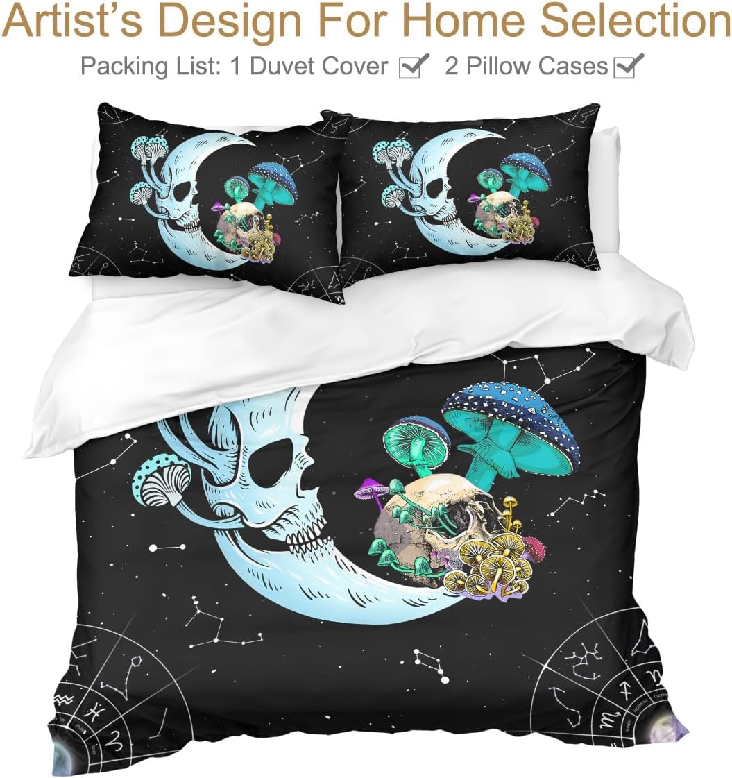 71tssKZSaL._AC_SL1200_.jpg Sleepwish Mushroom Moon and Skull Queen Bedding Blue and Black Space Mushroom Comforter Cover for Kids Boys 3 Piece Trippy Mushroom Duvet Cover Sets (Queen) - Image 6