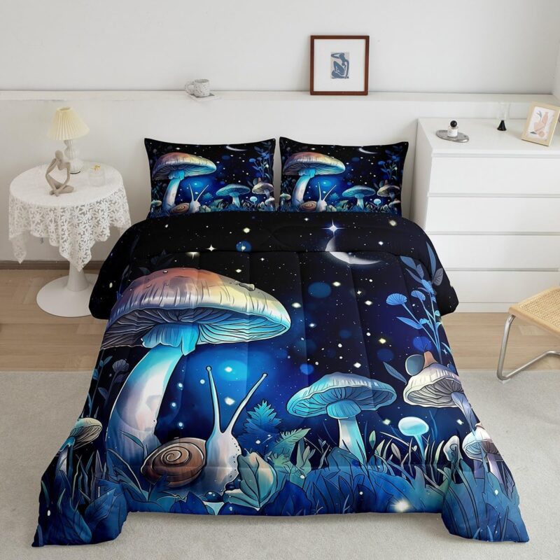 Manfei Mushroom Comforter Set Queen Size, Botanical Plants Quilt Set with 2 Pillowcases, Cartoon Mushroon Snails Print Bedding Set 3pcs for Kids Boys Girls Room Decor