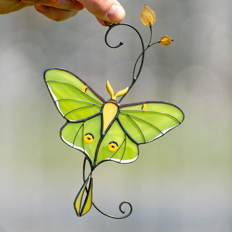 Luna Moth Butterfly Pair Handmade Stained Glass Suncatcher Stained Glass Window Hangings Unique Indoor Ornament & Outdoor Decor (Luna Moth)
