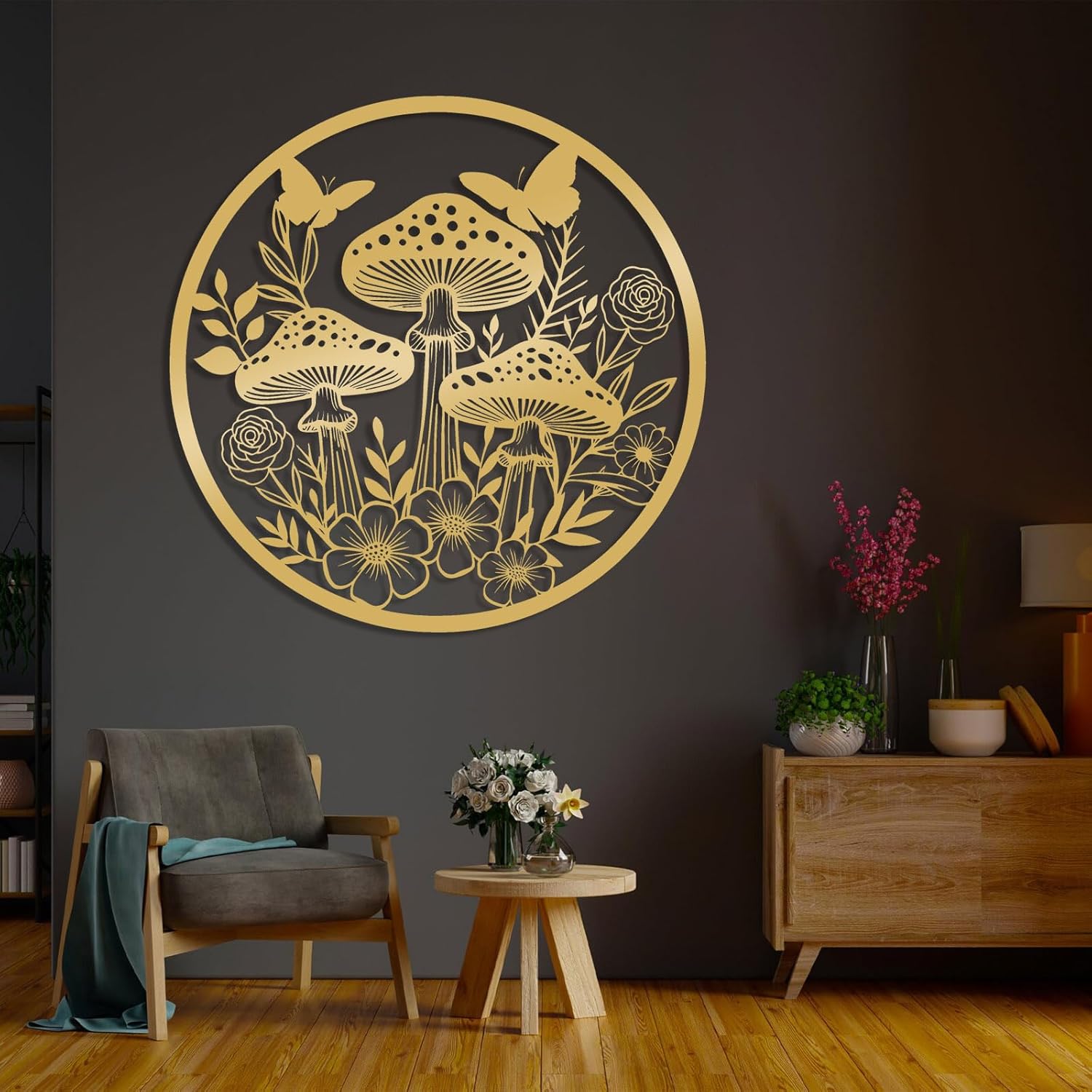 71u3jUTjozL._AC_SL1500_.jpg LARNT Mushrooms Metal Wall Art, Mushroom Metal Wall Decor, Toadstool Boho Wall Hanging, Mushroom Sign, Boho Wall Decor, Plant Wall Art, Metal Garden Decor (Black, 28"x28"|70x70cm) - Image 6