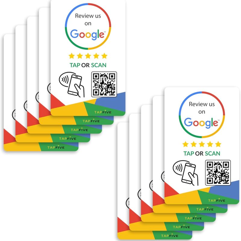 Google Review Tap Cards (10-Pack) by TapFive - Tap for Instant Reviews - All Phones Compatible - Reusable Smart Tap NFC & QR - Boost Business Reviews - Powered by TapFive (10 Card Pack)