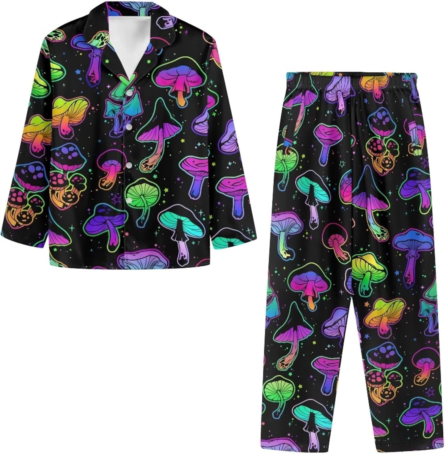 71uevuQKKnL._AC_SL1500_.jpg Colorful Mushroom Women Button Front Sleepwear 2 Piece Plus Size Long Sleeve Pajamas Casual Stretchy Funny Loungewear with Pockets - Image 4