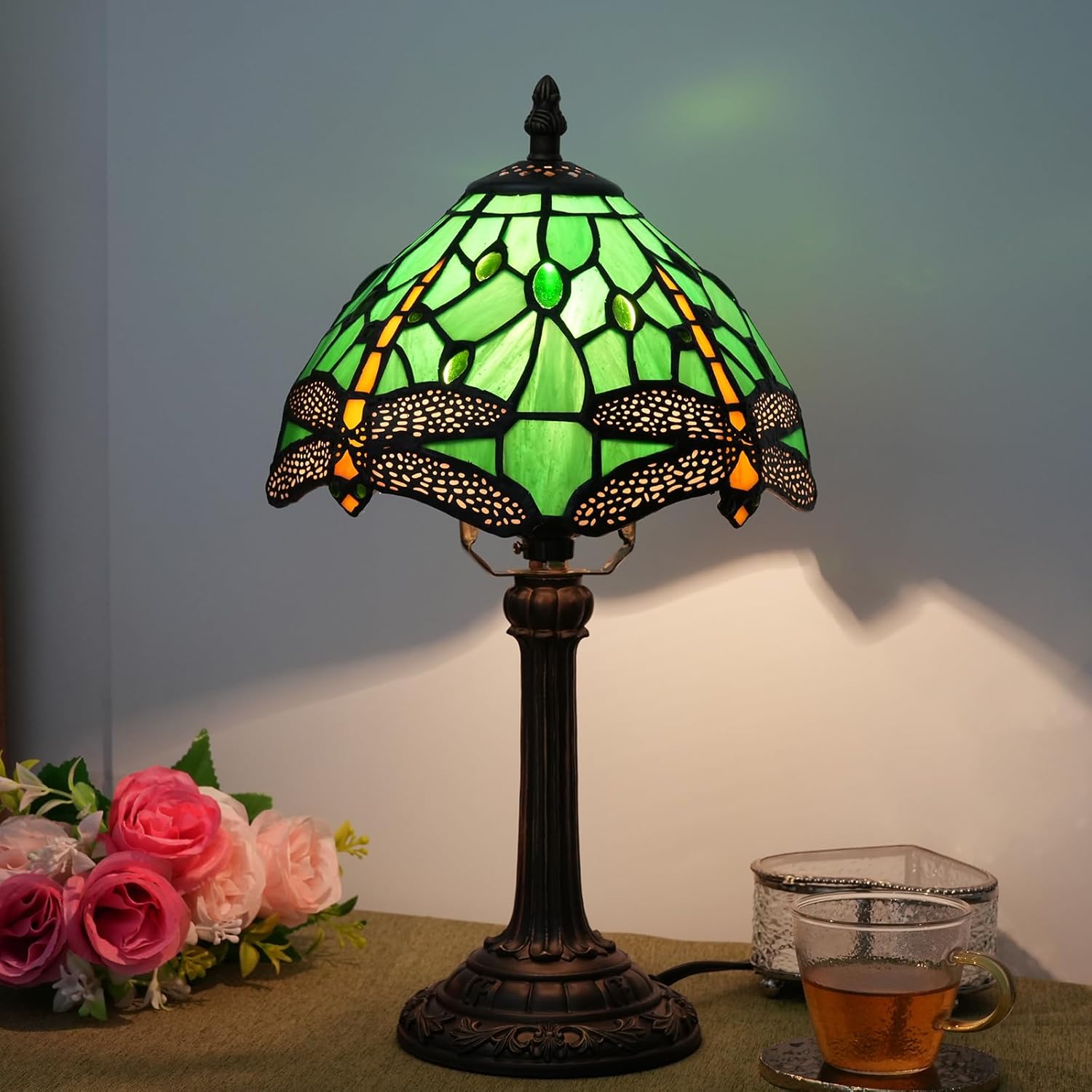 71vOocGSLL._AC_SL1500_.jpg Tiffany Lamp Green Dragonfly Stained Glass Table Lamp 8X8X14 Inches Green Dragonfly Style Desk Reading Light Decor Beside Bedroom Living Room Home (H1057-Green Dragonfly) - Image 7