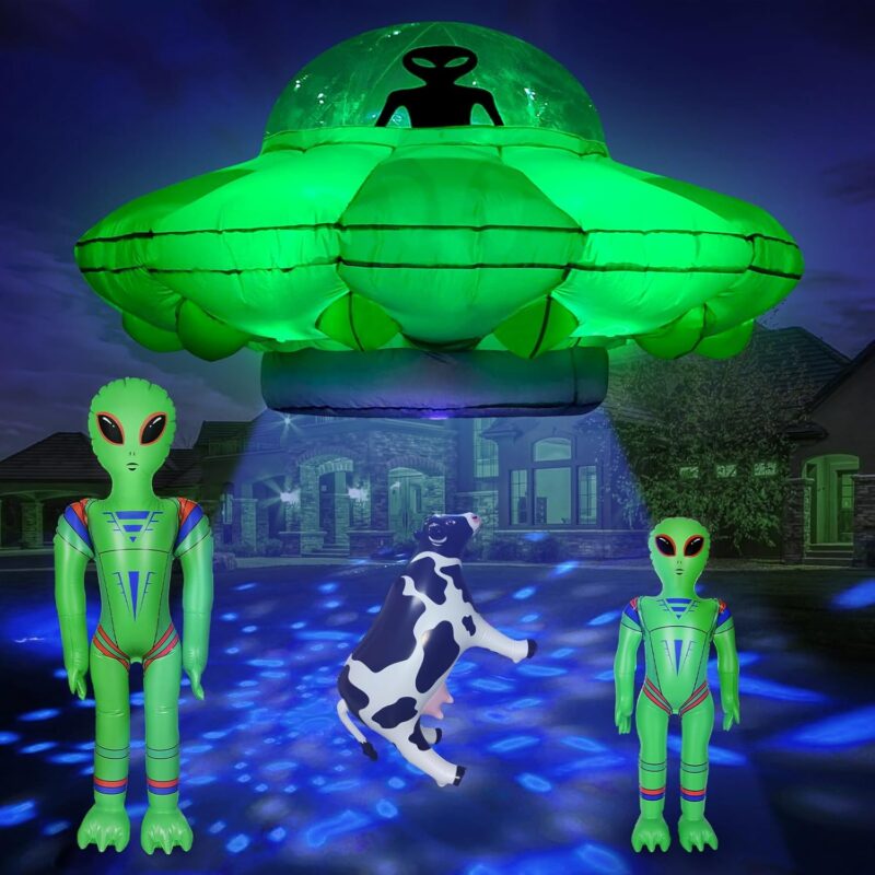 Alien Party Decorations 4.2FT Hanging Alien UFO Cow Abduction Inflatable with Cow&2pcs Jumbo Alien Halloween Inflatable UFO Built-in Green LED Blue&White Flashing Light Blow Up Yard Home Garden Decor