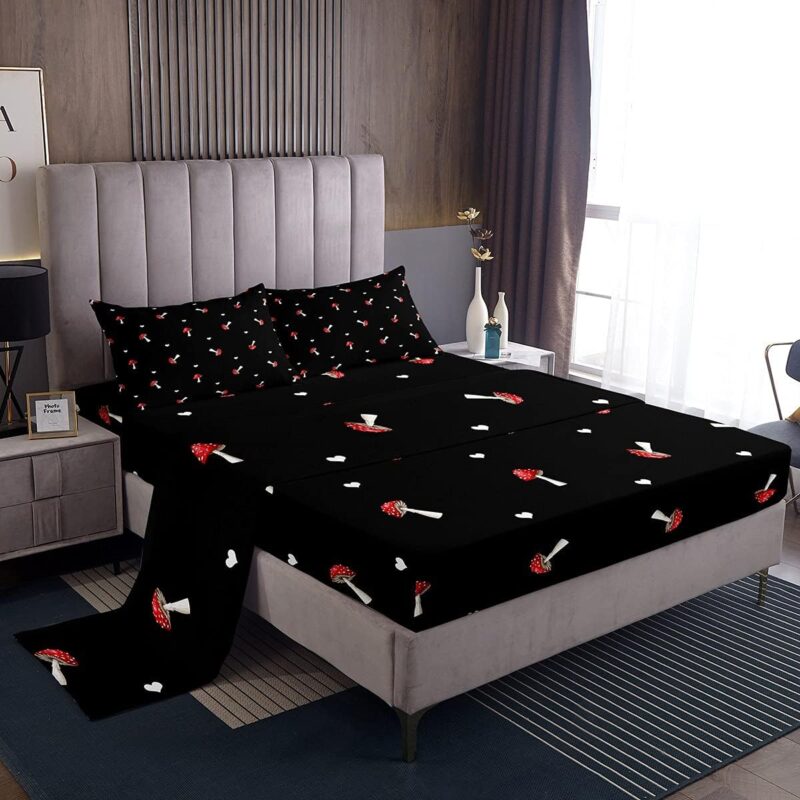 Mushrooms Sheet Queen Kawaii Fitted Sheet Kids Cute Botanical Plants Print Bed Sheet Set Farmhouse Lovely Mushroom Natural Wild Fungus Top Sheet For Girls Boys Red Black Cartoon Flat Sheet Room Decor