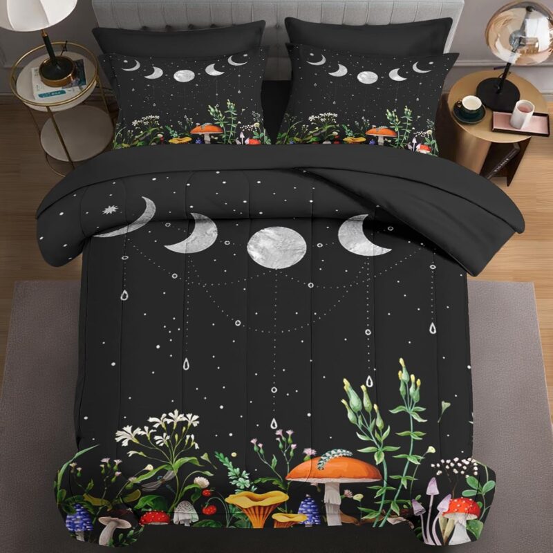 7 Pcs Queen Size Comforter Set with 2 Pillowcases & 2 Shams, Mushroom Plant Floral Bedding for Kids and Adults, Flower Summer Moon Night Bed in a Bag with Flat Fitted Sheet