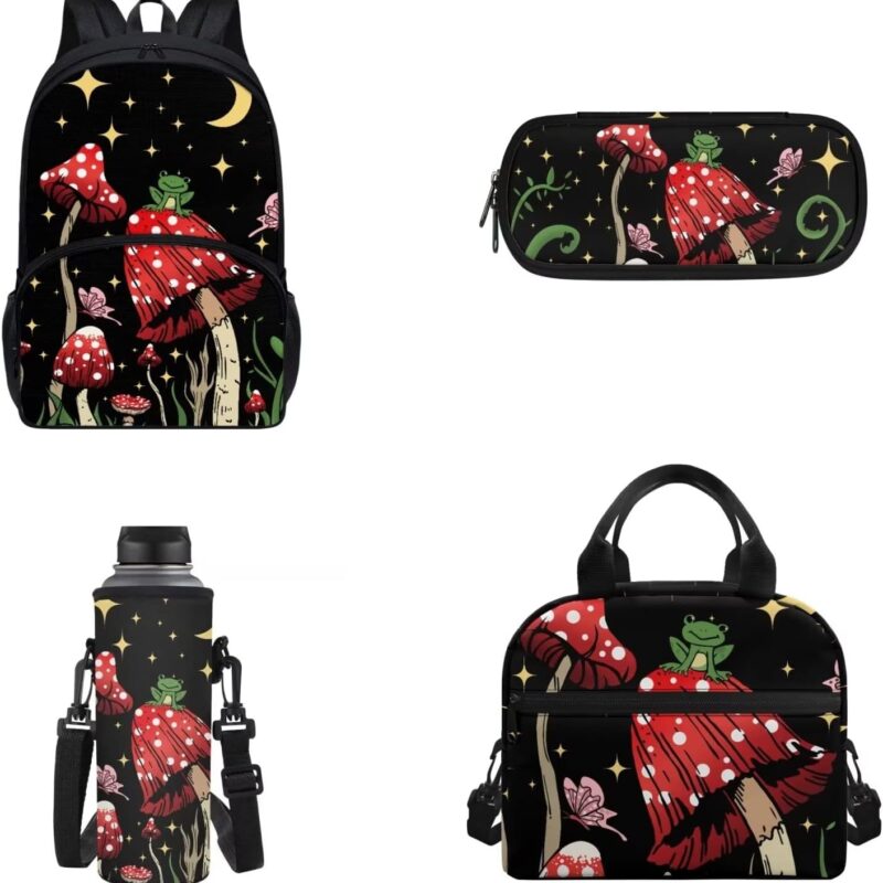 4 PCS Cute Frog Mushroom Backpack Girls Moon Stars Mushroom Schoolbag With Insulated Lunch Bag Crossbody Water Holder Case Pencil Box,Child School Bag Sets for Travel/Sports/Hiking