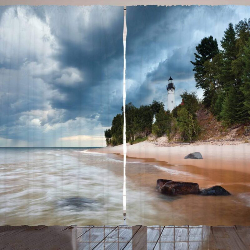 Ambesonne Lighthouse Curtains, Au Sable Lighthouse in Pictured Rock National Lakeshore Michigan USA, Living Room Bedroom Window Drapes 2 Panel Set, 108" X 90", Cinnamon Green