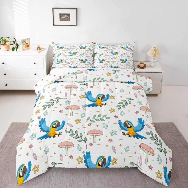 Kids Cute Parrot Full Bedding Sets for Girls Boys Kawaii Floral Leaves Mushroom Comforter Set,Cartoon Animal Bird Quilt Comforter Flower Botanical Wildlife Bed Duvet Set Room Decor