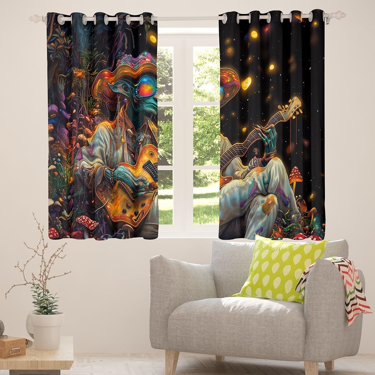 71xaN-hsReL._AC_SL1200_.jpg Alien Curtains Blackout 30%-50%,Music Theme Window Drapes,Trippy Mushrooms Window Treatment Grommet Top 2 Panels Decor,52Wx96L - Image 6