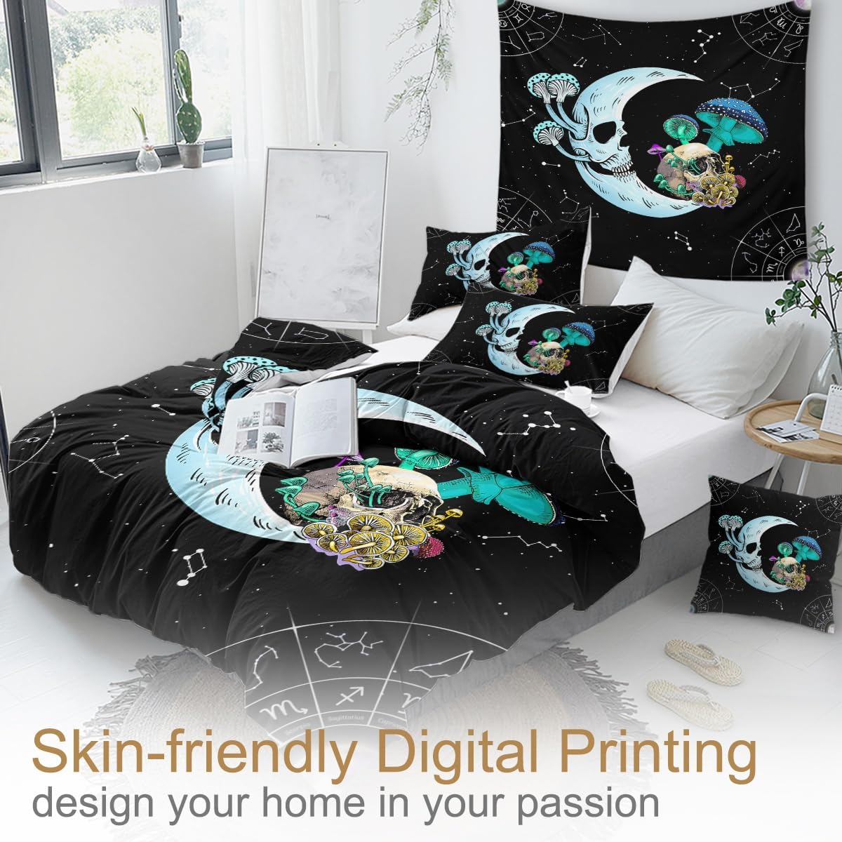 71xhkU53ovL._AC_SL1200_.jpg Sleepwish Mushroom Moon and Skull Queen Bedding Blue and Black Space Mushroom Comforter Cover for Kids Boys 3 Piece Trippy Mushroom Duvet Cover Sets (Queen) - Image 4