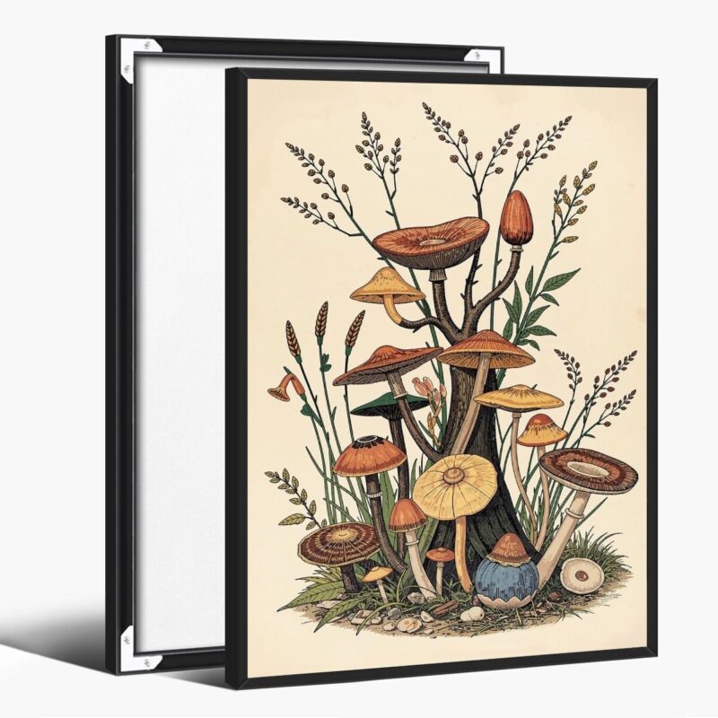 Vintage Botanical Mushroom Wall Art Cottagecore Fungi Print Mushroom Artwork Aesthetic Posters for Home Decor Living Room Bedroom Wall Decor black framed16x24inch