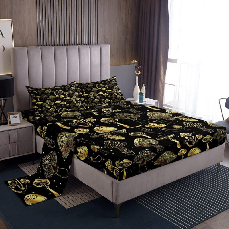 Erosebridal Fantasy Mushrooms Bed Sheets Queen Glittering Gold Sheet Set Glitter Star Magical Galaxy Wild Botanical Fitted Sheet Farmhouse Mysterious Dream Flat Sheet for Kids Boys Girls