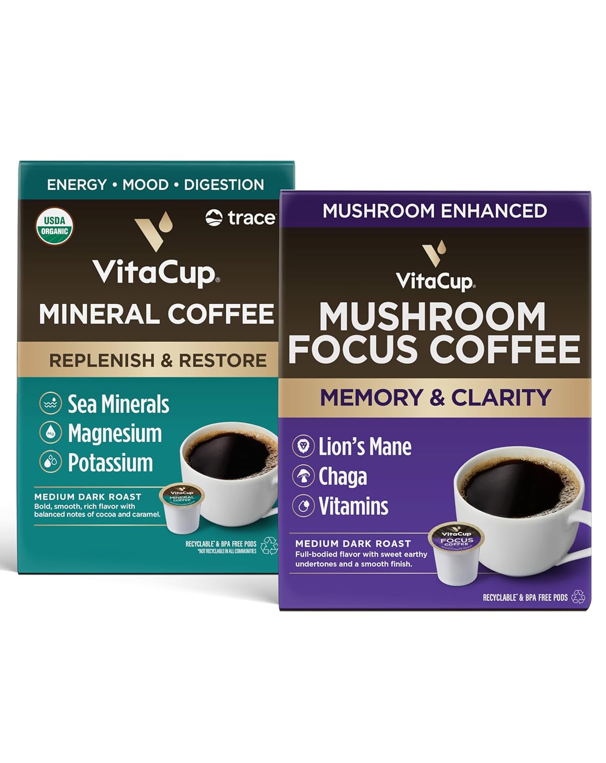 71yJwteVfhL._SL1500_.jpg VitaCup Mushroom Coffee, for Focus, Memory & Clarity, Medium Dark Roast, 16ct | Mineral Coffee Pods with Trace Minerals, Hydrate, Replenish & Restore, Medium Dark Roast 16ct, Coffee Pod Bundle