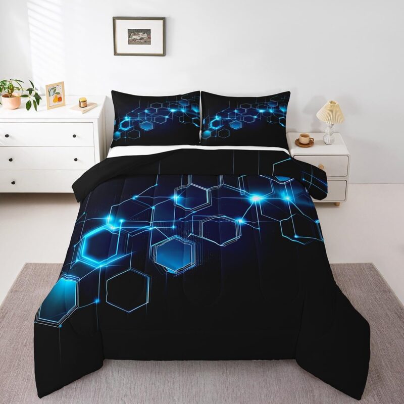 Feelyou Blue Honeycomb Comforter Set Full Size for Boys, Glitter Goemetric Honeycomb Hexagon Comforter Set Microfiber Lightweight